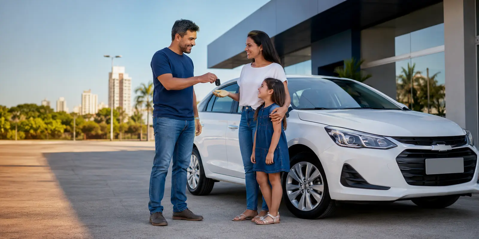 Família celebrando a compra de um carro espaçoso