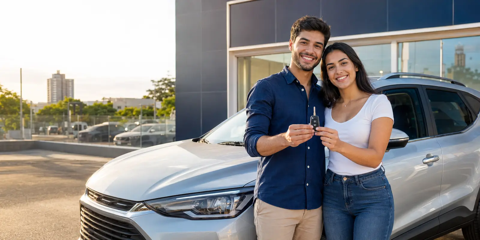 Casal feliz ao receber a chave do primeiro carro