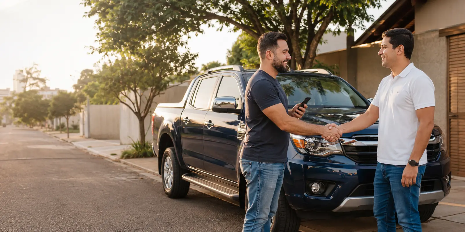 Vendedor e comprador felizes após concluírem a negociação de uma caminhonete